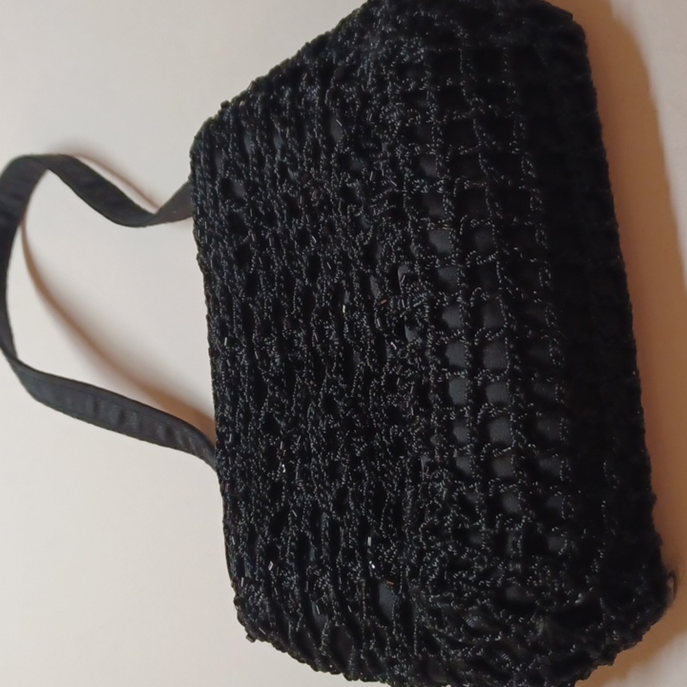La Regale small black beaded bag with strap zip closure small pocket inside - Picture 2 of 7